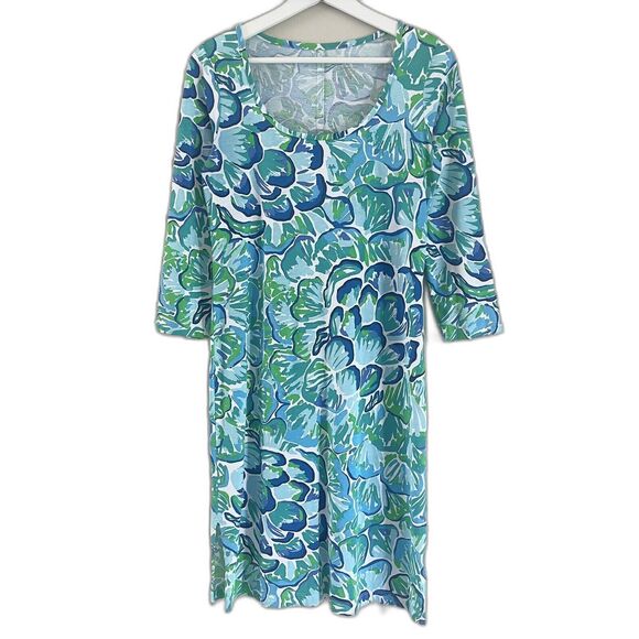 Lilly Pulitzer Knit Dress Sise S Scoop Neck Floral White Blue Green Side Slits - Picture 2 of 6